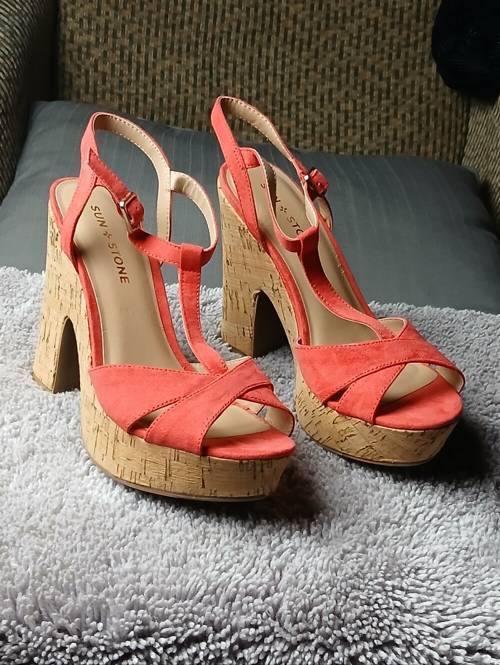 Sun + Stone "SS Jamie" Coral Suede Cork Platform Wedge Sandals Size 7M